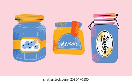 Collection of colorful jam jars with fruit labels isolated on a pink background. Set of fruit jams in glass jars in cartoon style. Hand-drawn flat vector illustration. Homemade marmalade jars.