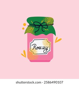 Collection of colorful jam jars with fruit labels isolated on a pink background. Set of fruit jams in glass jars in cartoon style. Hand-drawn flat vector illustration. Homemade marmalade jars.