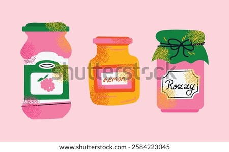 Collection of colorful jam jars with fruit labels isolated on a pink background. Set of fruit jams in glass jars in cartoon style. Hand-drawn flat vector illustration. Homemade marmalade jars.