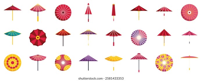 Collection of colorful japanese umbrellas representing traditional asian craftsmanship and cultural heritage