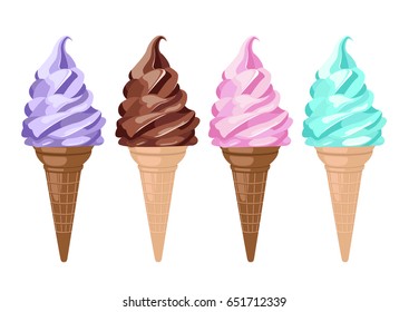 Collection of colorful juicy vector ice cream in cones illustrations with different tastes, isolated on white. Delicious dessert for cafe menu, delivery box, greeting cards, decoration, poster