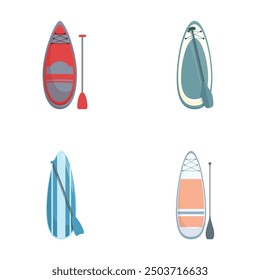 Collection of colorful kayak illustrations with paddles, isolated on white