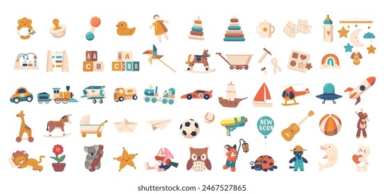 Collection Of Colorful Kids Toys And Playful Elements. Vector Plush Toys, Stacking Rings, Cars And Educational Items