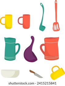 Collection of colorful kitchenware items, including cups, jugs, and utensils. Kitchen essentials and home decor vector illustration.
