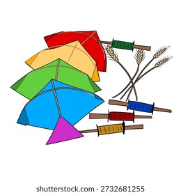 A collection of colorful kites and spools of string, along with stalks of wheat.