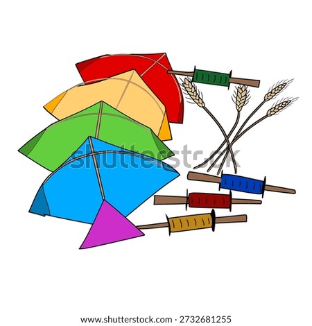 A collection of colorful kites and spools of string, along with stalks of wheat.