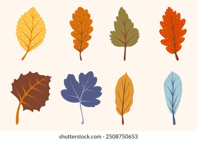 Collection of colorful leaves isolated on white background. Beautiful doodle hand drawn leaves. 