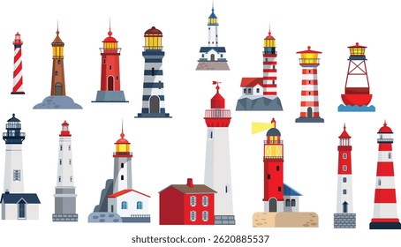 Collection of Colorful Lighthouses on White Background, Lighthouse towers set, Different lighthouses