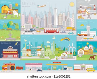 Collection of Colorful line art vector illustrations of city neighborhoods, infrastructure, buildings and views