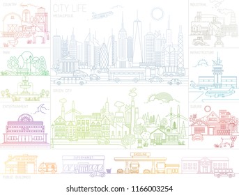 Collection of Colorful line art vector illustrations of city neighborhoods, infrastructure, buildings and views