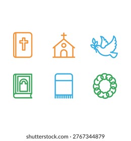 A collection of colorful line icons representing religious symbols bible church dove and more
