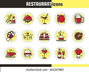 Collection of colorful linear icons for restaurant and cafe. Signs isolated on the white background. Vector illustration