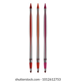 Collection of colorful lip pencils with a brush . Set of realistic red, pink, orange.