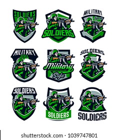 A collection of colorful logos, badges, emblems of a soldier shooting from an assault rifle. Uniform, helmet, machine gun, military, weapons, camouflage, mascot, shield. Vector illustration