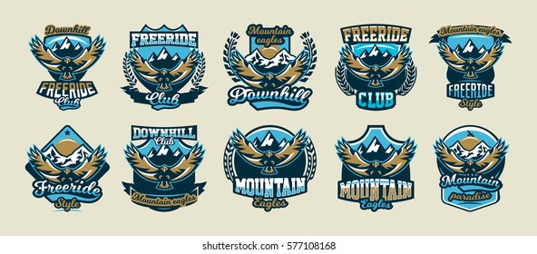 A collection of colorful logos, emblems, flying eagle on a background of mountains, isolated vector illustration. T-shirt printing