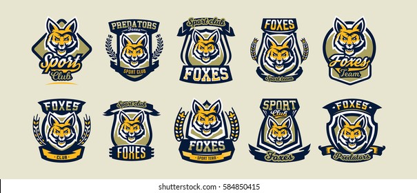 A collection of colorful logos, emblems, fox head, cunning and dangerous predator, the forest dweller. Vector illustration, dynamic and sporty style, printing on T-shirts 