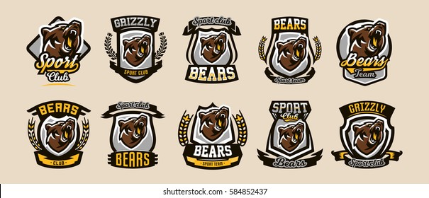 A collection of colorful logos, emblems, growling bear, grizzly, evil predator ready to attack. Sports style, vector illustration, printing on T-shirts 