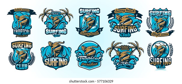 A collection of colorful logos, emblems, labels surfer drifts on the waves, stylish lettering, set of printing on T-shirts. Beach, waves, palm trees, tropical island. Vector illustration.