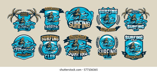 A collection of colorful logos, emblems, stickers, surfer girl is drifting on the waves, stylish lettering, vector illustration.