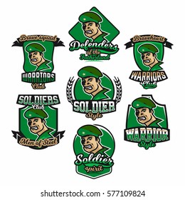 A collection of colorful logos, emblems, stickers, face formidable soldier. Military themed, printing on T-shirts. Vector illustration