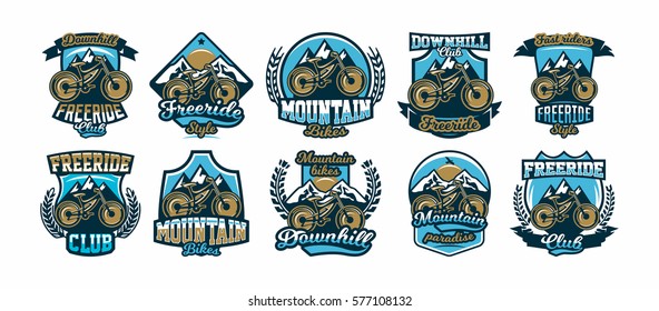 A collection of colorful logos, labels, logos, mountain bike mountains in the background using a variety of lettering, isolated vector illustration. Club downhill, freeride. Print on T-shirts.