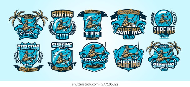 A collection of colorful logos on the theme of surfing. Emblem surfer girl in a bathing suit. Beach, waves, palm trees, tropical island. Extreme sport. Icons shield labels. Vector illustration.