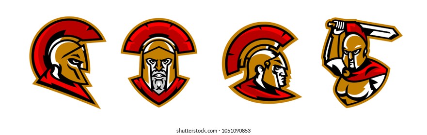 A collection of colorful logos, a Spartan's head, a Corinthian helmet, a warrior waves his sword, the face of a Greek soldier, hoplites. Identity for a sports club, vector illustration