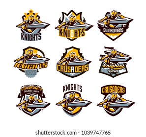 Una colección de logotipos coloridos, pegatinas, emblemas, un caballero está atacando con una espada. Armadura de oro de un paladín, espadachín, guerrero, escudo, letras. Mascota club deportivo, Ilustración vectorial