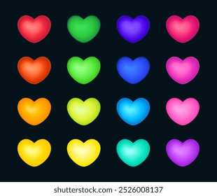 Coleção de corações de amor coloridos em diferentes cores de néon brilhante - vermelho, laranja, amarelo, verde, azul e roxo. Conjunto de ícones isolados, elementos de design vetorial para o mês do Orgulho