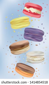 Collection colorful macaroon in motion isolated on blue background. Differend sweet french macaroons close up. Falling macaroons. Sweet dessert. 3d vector illustrator.