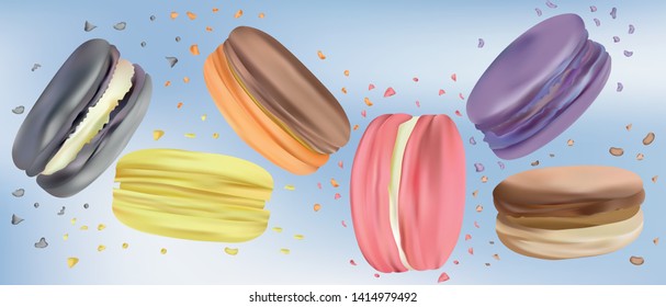 Collection colorful macaroon in motion isolated on blue background. Differend sweet french macaroons close up. Falling macaroons. Sweet dessert. 3d vector illustrator.