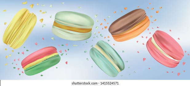 Collection colorful macaroon in motion isolated on blue background. Differend sweet french macaroons close up. Falling macaroons. Sweet dessert. 3d vector illustrator.