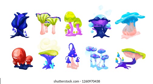 Collection of colorful magical fairytale mushrooms growing in enchanted forest. Set of exotic natural fantasy design elements isolated on white background. Vector illustration in cartoon style.