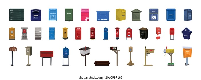 Collection of colorful mailboxes in detailed style.