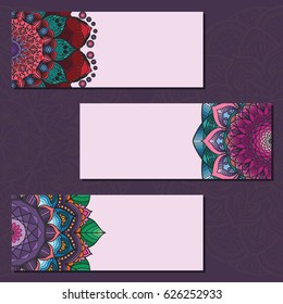Collection of colorful mandala banners on violet background