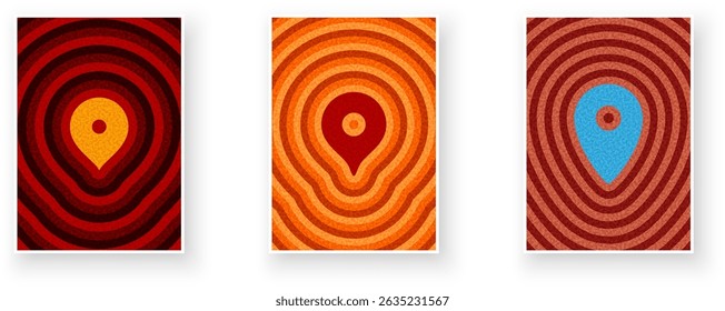 Collection of colorful map pin symbols on vintage ripple backgrounds in red, orange, and blue. Vector illustration.