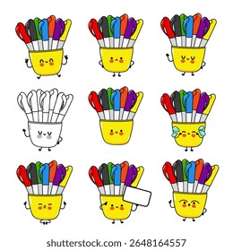 A collection of colorful markers in a yellow cup with cute, expressive faces, each marker a vibrant hue.