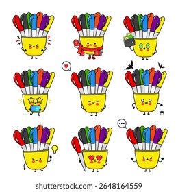 A collection of colorful markers in a yellow cup with cute, expressive faces, each marker a vibrant hue.