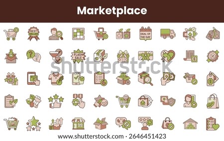 A collection of colorful marketplace icons representing sales, deliveries, and customer support, designed in a modern, flat style to enhance digital commerce themes.