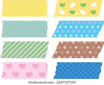 A collection of colorful masking tape illustrations with various patterns. Perfect for planner decoration, scrapbooking, creative journaling, stationery design, and cute craft visuals.