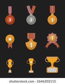 A collection of colorful medal and award icons in flat design style. Includes gold, silver, bronze medals, ribbons, and star badges, perfect for representing achievement, competition, ranking,reward