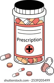 Collection of colorful medicine bottles, pills, and capsules. Healthcare and pharmaceutical concept. Illustrations in flat vector style.