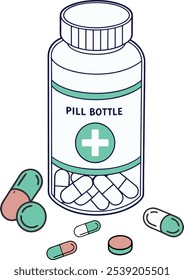 Collection of colorful medicine bottles, pills, and capsules. Healthcare and pharmaceutical concept. Illustrations in flat vector style.