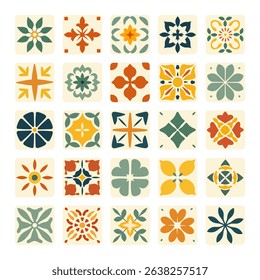 Collection of colorful Mediterranean tiles in flat style. Floral and geometric elements in warm summer colors. Ideal for kitchen decor, packaging, textiles, or seamless digital backgrounds.
