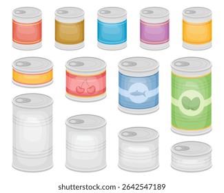Coleção de latas de metal coloridas para preservação de alimentos com tampas de topo.