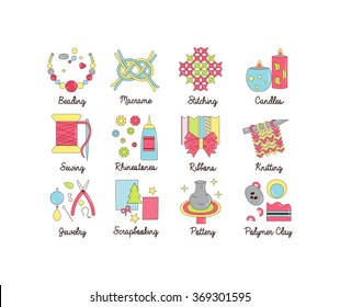 A collection of colorful modern cartoon outlined icons for various kinds of handmade, diy and craft activities. For web, presentations, stickers, etc.