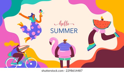 Collection of colorful, modern style characters, people at summer. Surfing and having fun at the beach and in the pool 