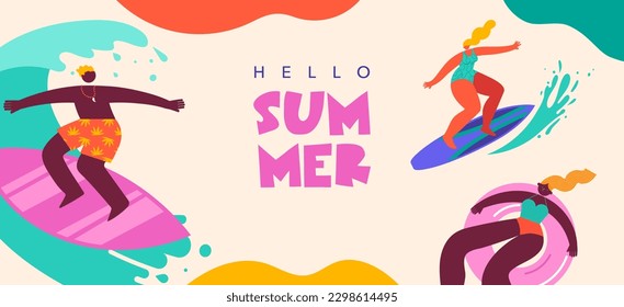 Collection of colorful, modern style characters, people at summer. Swimming, surfing, having fun at the beach and in the pool 