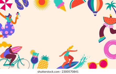 Collection of colorful, modern style characters, people at summer. Swimming, traveling, surfing, having fun at the beach and in the pool