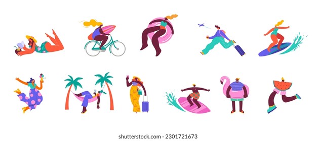 Collection of colorful, modern style characters, people at summer. Swimming, traveling, surfing, having fun at the beach and in the pool